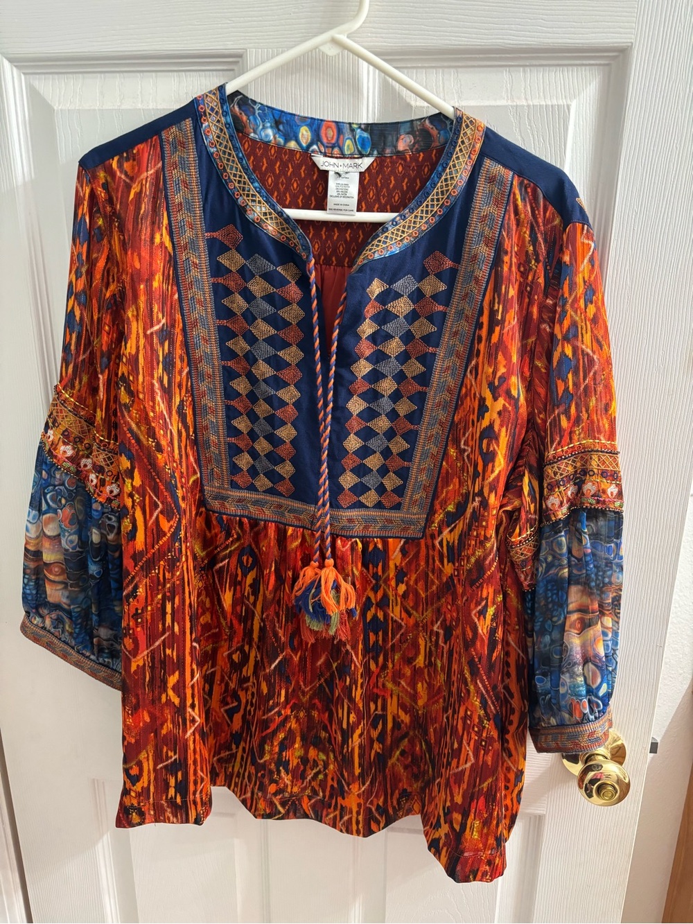 John Mark Orange and Navy Embroidered V-Neck Tunic